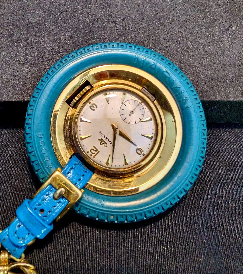 罕见复古 Marvin 橡胶轮胎手表钥匙圈瑞士制造 17 珠宝 3 Adjs 手册 — 第 2/4 张图片