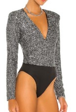 Image of Bardot Siren Sequined V-Neck Silver Long Sleeve Sholder Pads Bodysuite