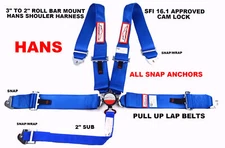 BLUE SAFETY HARNESS HANS CAM LOCK RACING BELT SFI 16.1 5 POINT ROLL BAR MOUNT