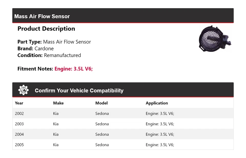 Sensor de flujo de aire masivo Cardone 2003 2004 para Kia Sedona 2002-2005 3,5 L V6 Foto 2 de 4
