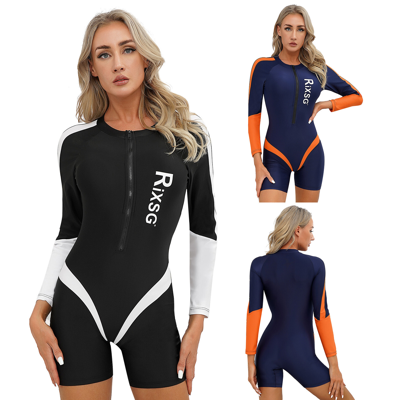 Womens Onepiece Color Block Swimsuit Long Sleeve Zipper Jumpsuit