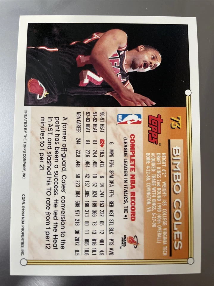 1993-94 Topps Basketball Gold #73 Bimbo Coles - Image 2 of 2