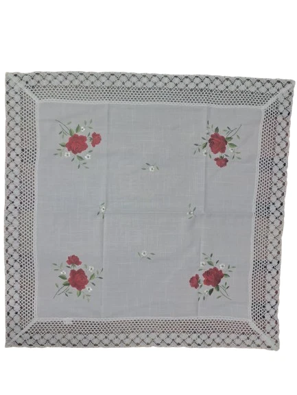 Centro Tavola  Tris Centrini Runner Cotone Misto Lino Bianco Ricamo Rose Rosse - Immagine 4 di 4