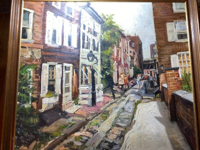 Large D Birnbaum 1962  ''Figures In Cobbled Street'' Oil Painting - Signed/Framed