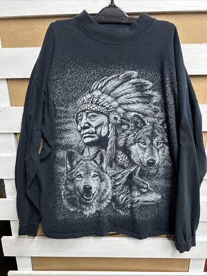 VTG Public Image Mock Neck Long Sleeve Shirt Mens XL Native American & Wolf