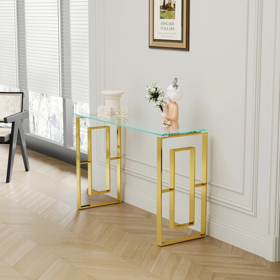 Console Table Stainless Steel Glass Meal Side Table Golden Clear Bs-02 - Image 4 of 4