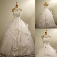 Vintage Wedding Dresses Beaded Halter Neck Sleeveless Ruffles A Line Bridal Gown