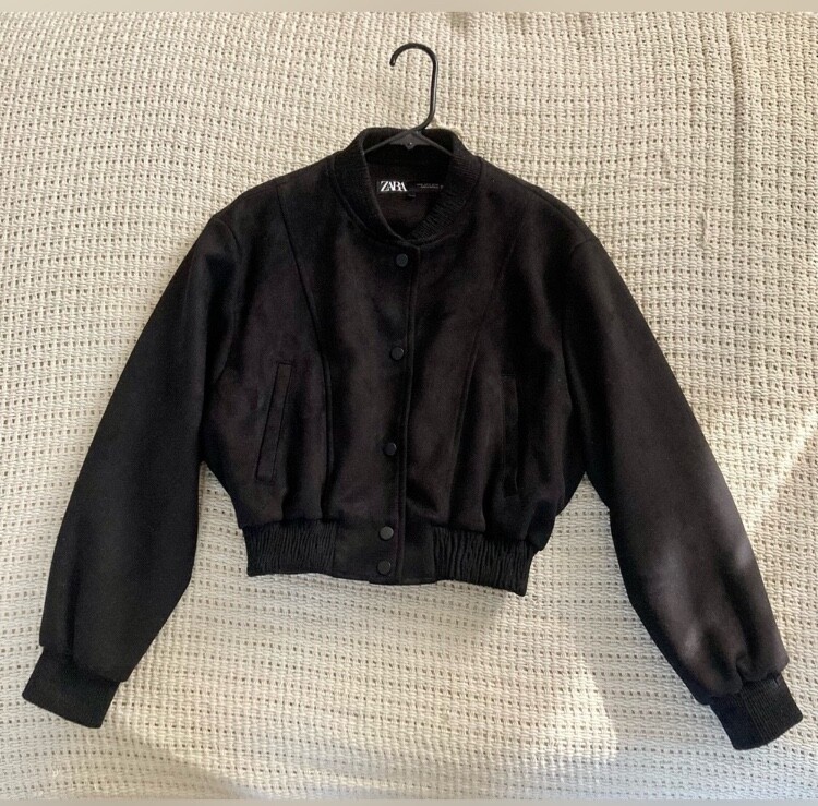 NWOT Zara Black Cropped Suede Effect Bomber Jacket, Size Small