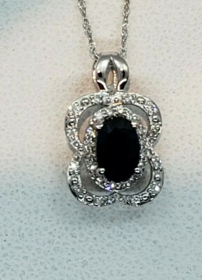 14k Weißgold ovaler Saphir & runder Diamant Anhänger/18'' Kette.