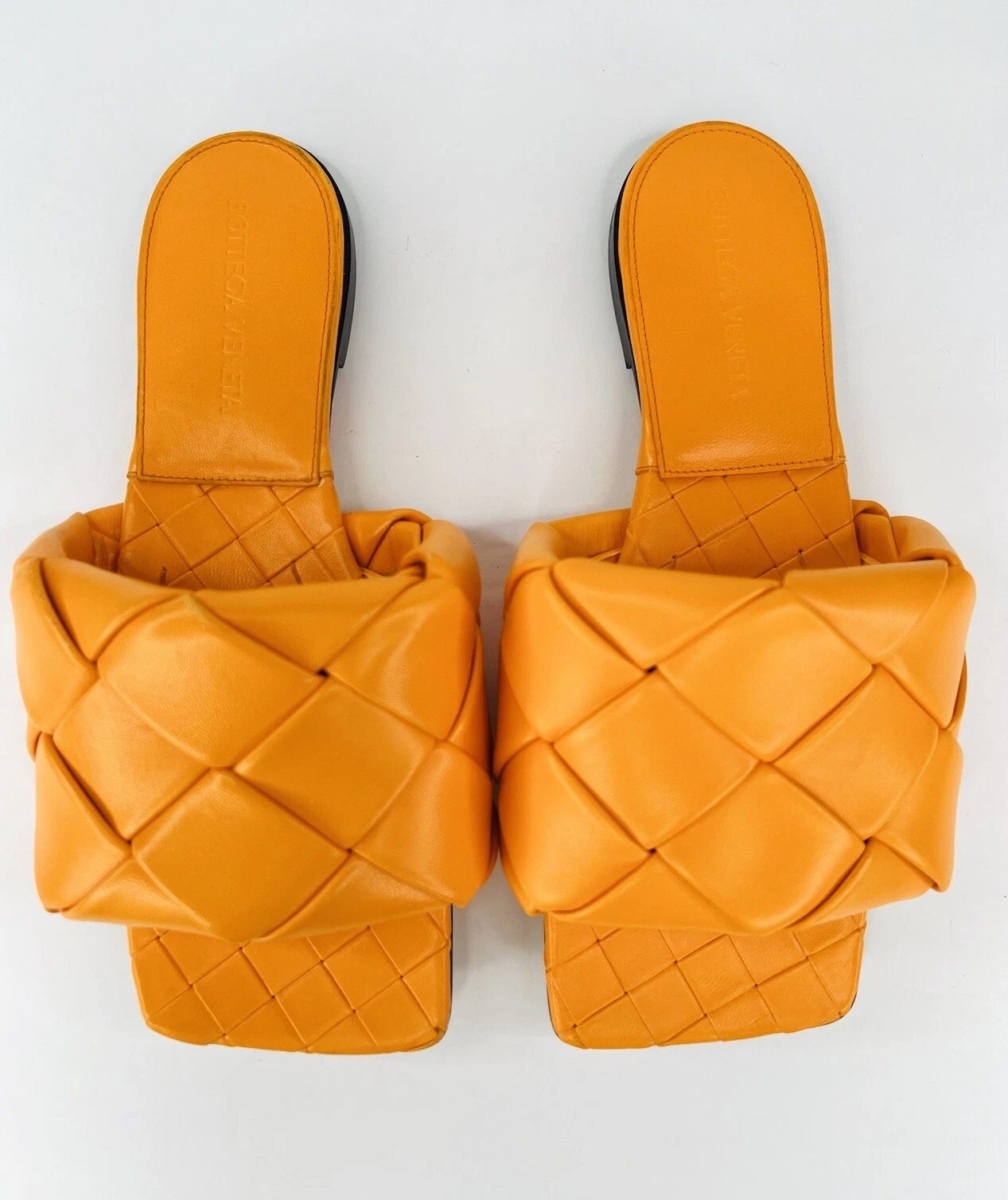 SANDALI PIATTI BOTTEGA VENETA LIDO INTRECCIATO MANDARINO TESSUTO PELLE TAGLIA EU 35