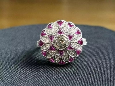 Art Deco 3TCW Lab Created Diamant & rosa Rubin Damen 935 Silber Ehering