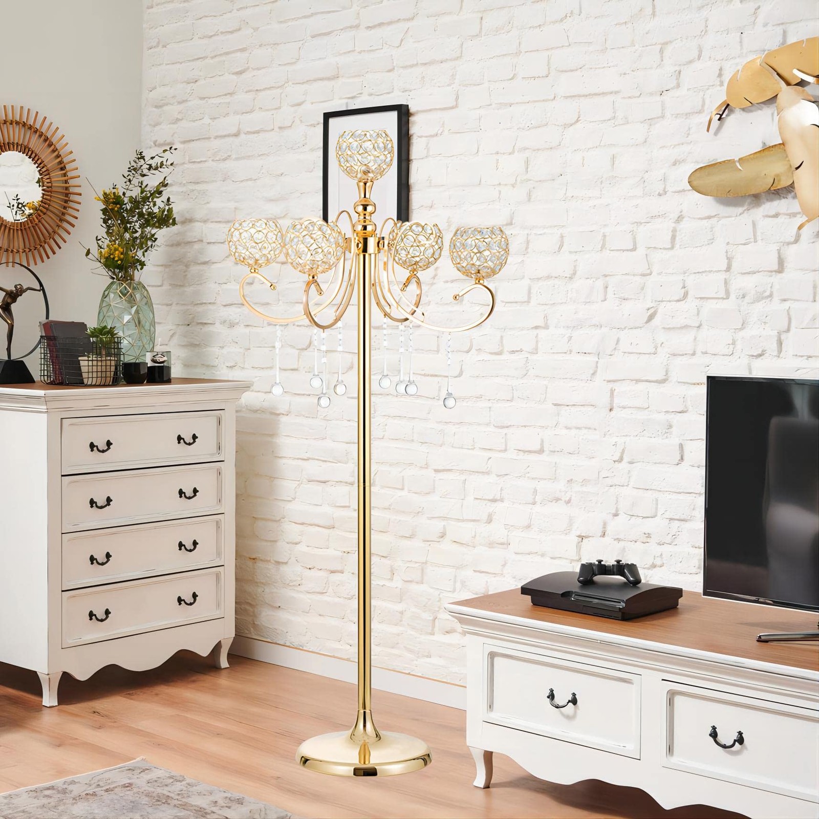 Gold Floor Candelabra for centerpieces, 45.3in Tall 5-Branch Candle Holder wi...