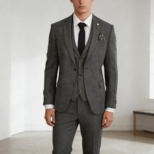 Mens Regular Fit 3Pcs Herringbone Tweed Suit Vest Formal Occasions Business Prom