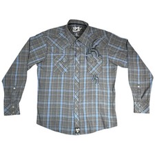 Wrangler Rock 47 Men  s XL Western Shirt Gray Blue Plaid Snap Tribal Embroidery