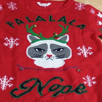No Boundaries Grumpy Cat Ugly Christmas Sweater Red Juniors L 11-13 Large Nope