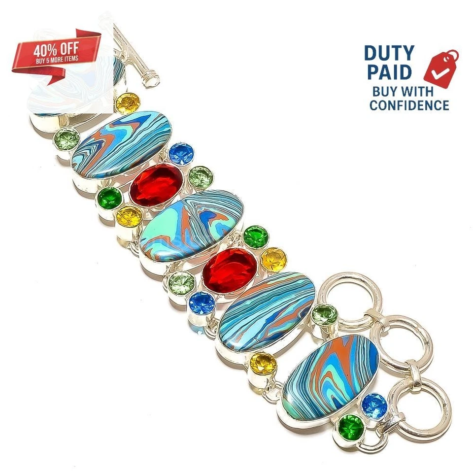 Sterling Silver Natural Rainbow Calsilica Quartz Chain Mother Bracelet Jewelry - Image 3 of 4