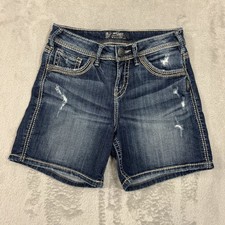 Silver Jeans Co Suki Dark Wash Embroidered Denim Shorts Womens Size 26 Mid Rise