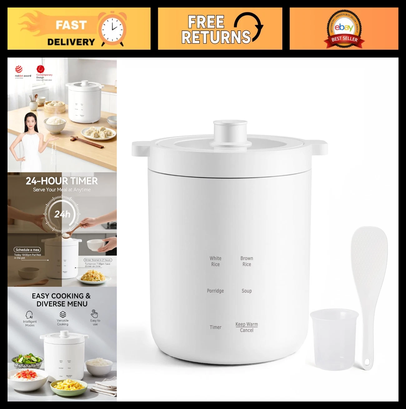 Mini Rice Cooker 2 Cup, Small Electric Cooker with 4 Functions, 24-Hour Preset,