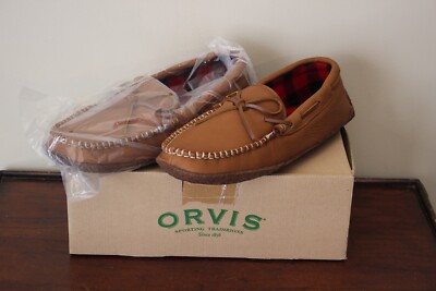 Orvis Buffalo Plaid Lined Leather Moccasin Slipper Slip On Brown Men's 13  NOS