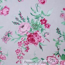 BonEful FABRIC FQ Cotton Quilt Gray Pink White Flower Green Leaf Garden Cottage
