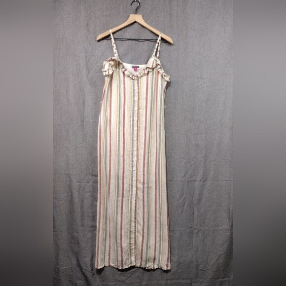 Vince Camuto 100% Linen Canyon Stripe Button Down Maxi Dress Womens M Multicolor Vince Camuto 100% Linen Canyon Stripe Button Down Maxi Dress Womens M Multicolor