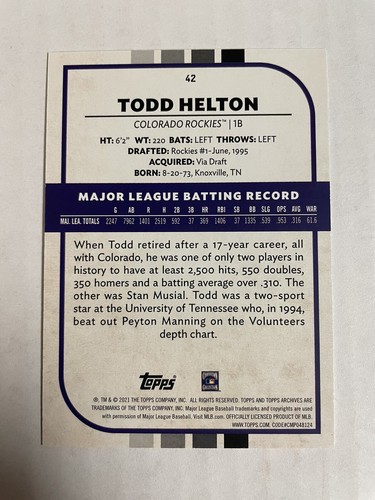 2021 Topps Archives Snapshots #42 Todd Helton Black & White Parallel Rockies - Picture 2 of 2