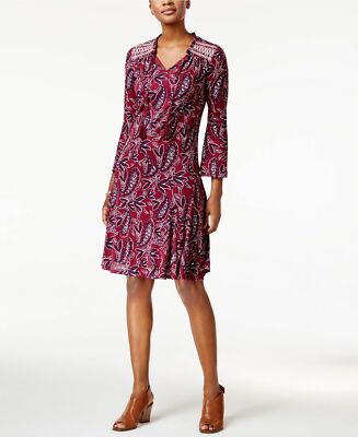 NWT Style & Co Size L Burgundy Wine Boho Paisley Floral Print Peasant Dress