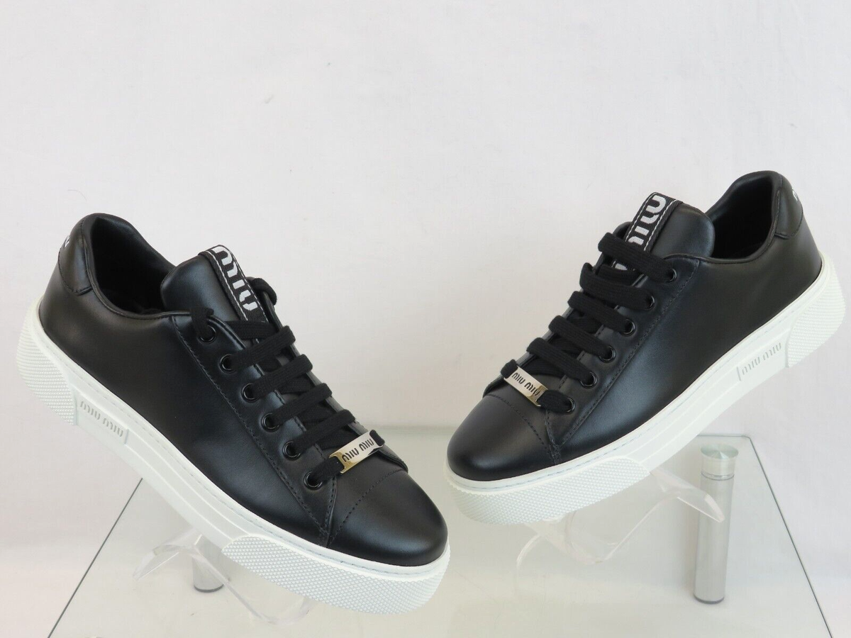 MIU MIU PRADA 5E165D BLACK LEATHER METAL LOGO LACE UP