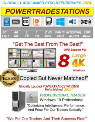 8-MONITOR TRADING COMPUTER 4K XEON MT3.73GHz! 48GBRAM 1TBSSD! 3TBHDD DVDRW W10P