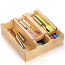 2Tier 5 Compartment Bamboo Kitchen Drawer Organizer Silverware Tray Box