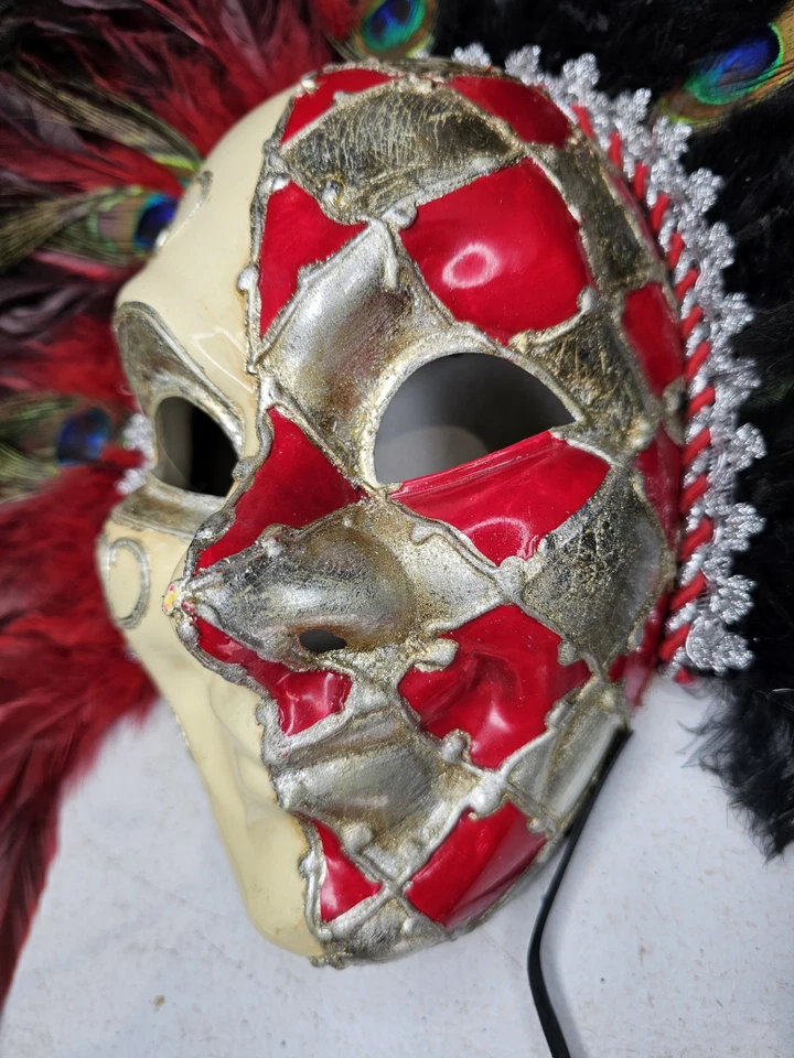 Peacock Feather Mask Masquerade for Women Venice Carnival RED & BLACK - Image 4 of 4