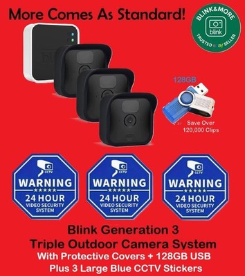 Blink Outdoor HD Wireless 3 Kamera Sicherheitssystem + Abdeckungen + 128GB + Blau CCTV