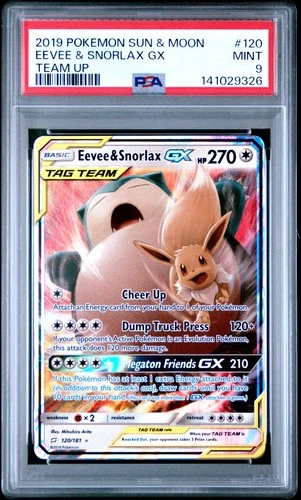 2019 POKEMON SUN & MOON TEAM UP #120 EEVEE & SNORLAX GX PSA 9