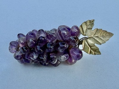 Vintage MCM Polished Purple Amethyst Gemstone Grape Cluster Metal Stem & Leaf
