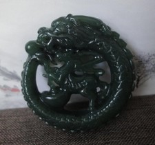 China Green Jade Hand Carving Dragon Horse Pendant Double Lucky Charm