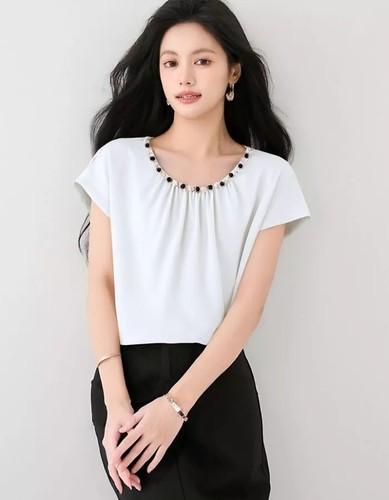 Haut Drapé J.CREW à Col Bavoir Froncé - Manches Courtes Blanc Pois - Taille M - Neuf Avec étiquettes