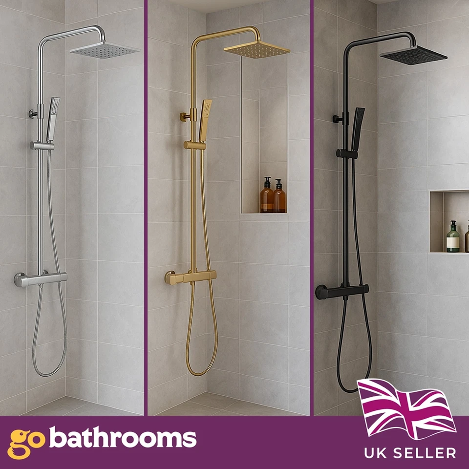 GO BATHROOMS Thermostatic Shower Gold Chrome Gunmetal Grey Adjustable Slide Rail Kit & Hose