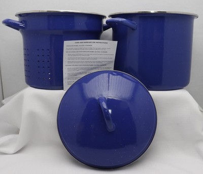 New! Marlboro 3 piece Stock Pot Blue Speckled Porcelain Enamel Steel Set #1160