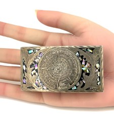 Vintage AOR Mexico Abalone/Onyx Inlay Sterling Silver Mayan Calendar Belt Buckle