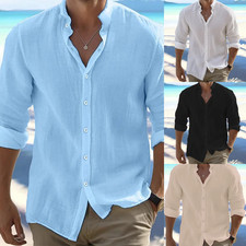 Button-Up Shirt Mens Long Sleeve Cotton Linen T-shirt Casual Summer Beach