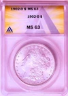 1902-O Morgan Silver Dollar $1 - ANACS MS63 - New Orleans Blast White