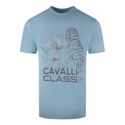 Cavalli Class Floral Tiger Design Light Blue T-Shirt