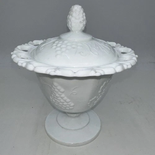 Vintage Indiana Open Lace Milk Glass Harvest Grape Footed Compote & Lid  L6