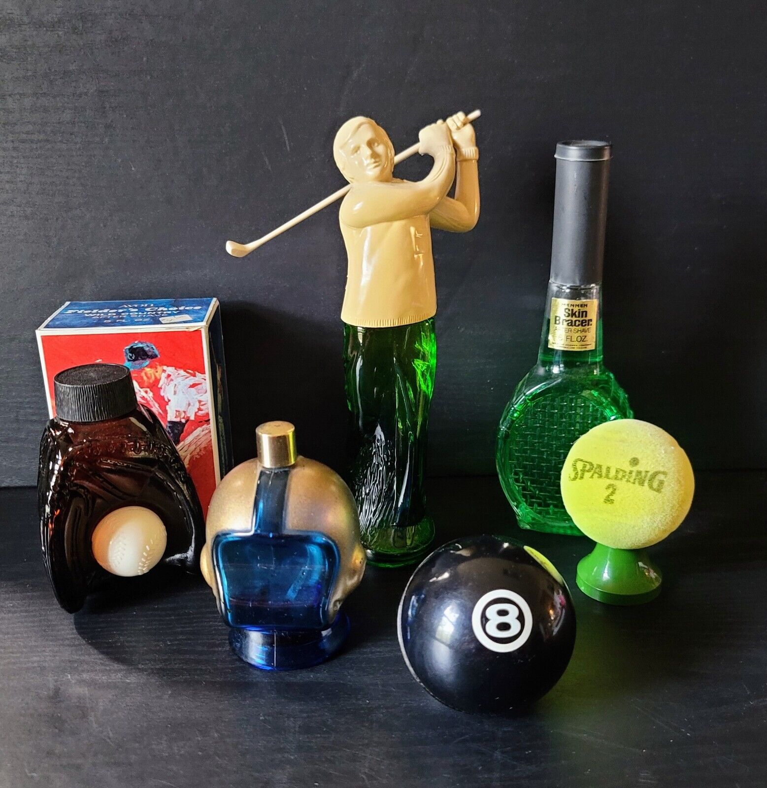 AVON SPORTS BOTTLES/DECANTERS FOOTBALL GOLF TENNIS POOL BASEBALL 2 w/AFTER SHAVE