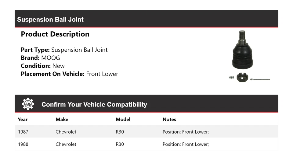 For 1987-1988 Chevrolet R30 Suspension Ball Joint Front Lower MOOG - Image 2 of 4