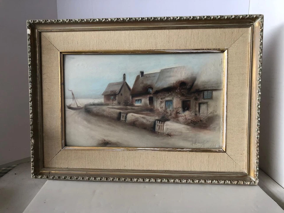 Pintura original acuarela pastel de 1896 de cabañas de la costa temprana de Florida enmarcadas Foto 3 de 4
