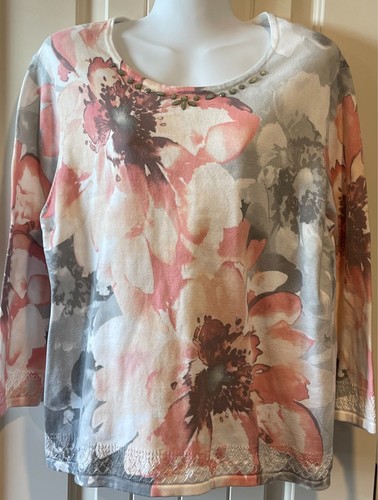 Alfred Dunner grau pfirsich weiß Baumwolle Blumen Perlen 3/4 Ärmel Pullover-Large