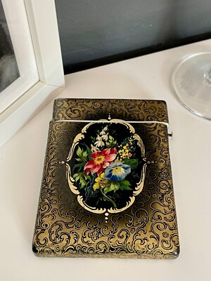 Viktorianisches Visitenkartenetui schwarz & gold handbemalt Blumenmuster Lack