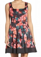French Connection ~Black Floral Satin Pleated Fit & Flare Party Dress 8 NEW $198
