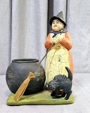 Vtg Halloween 10.5" Witch Cauldron Broomstick Pot Black Cat Primitive Folk Art